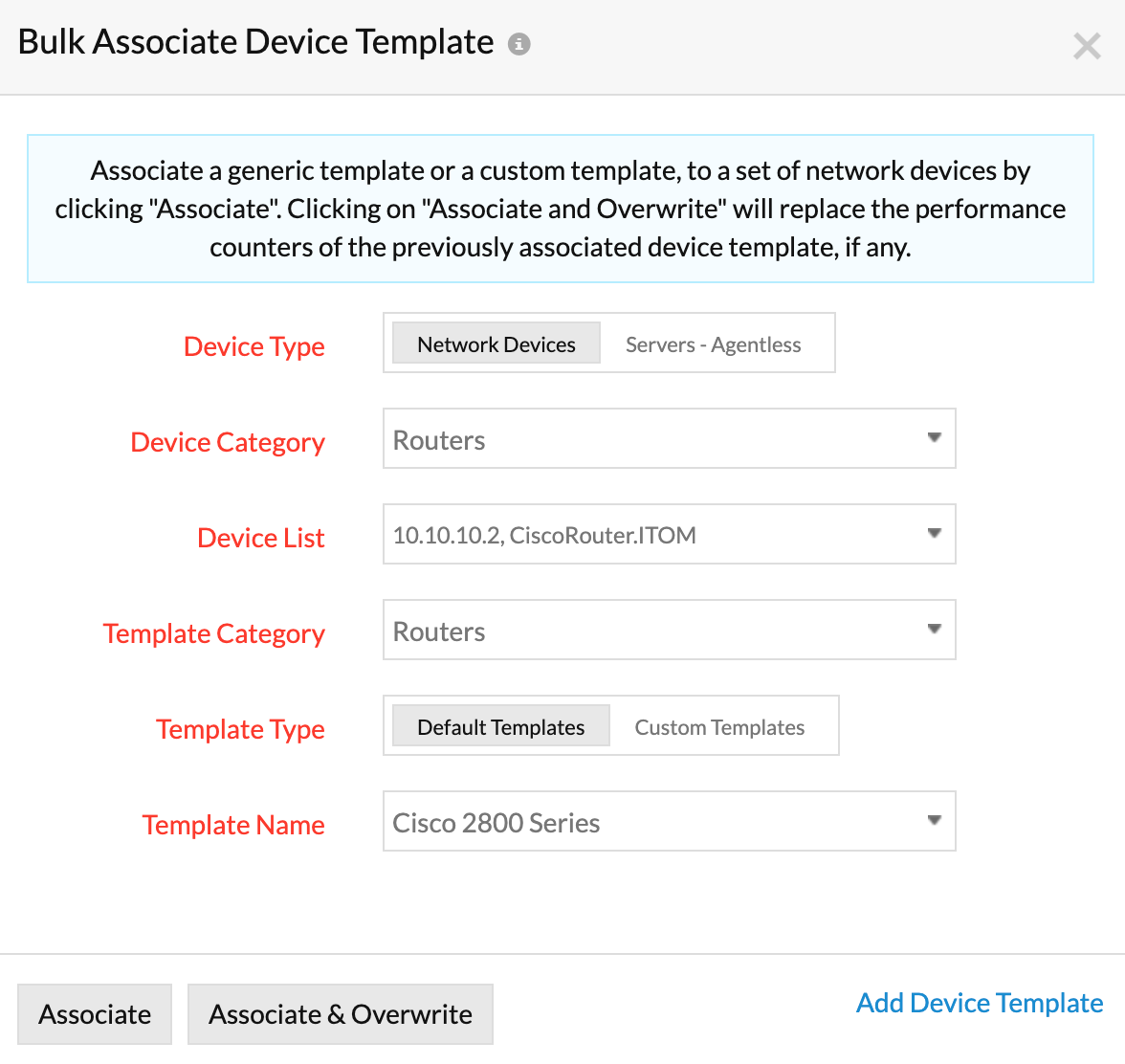 Associating device templates in bulk