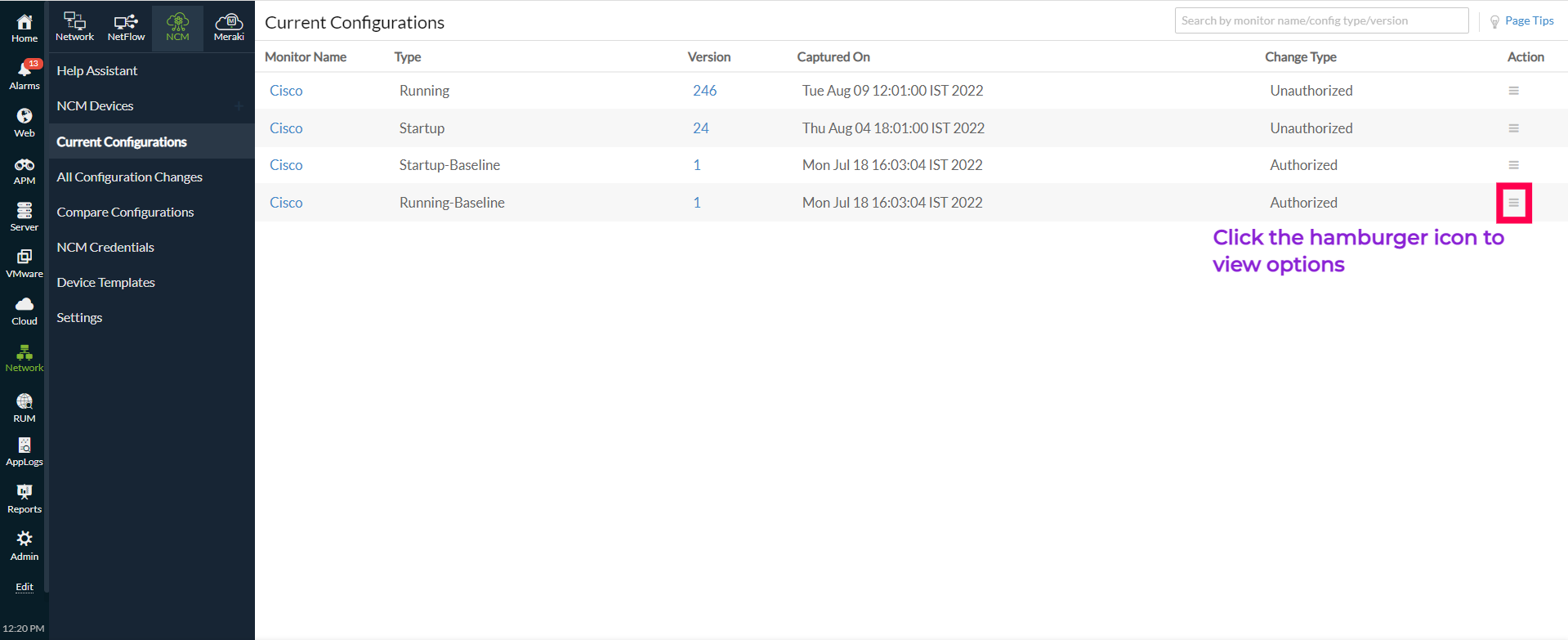 NCM Current Configurations view