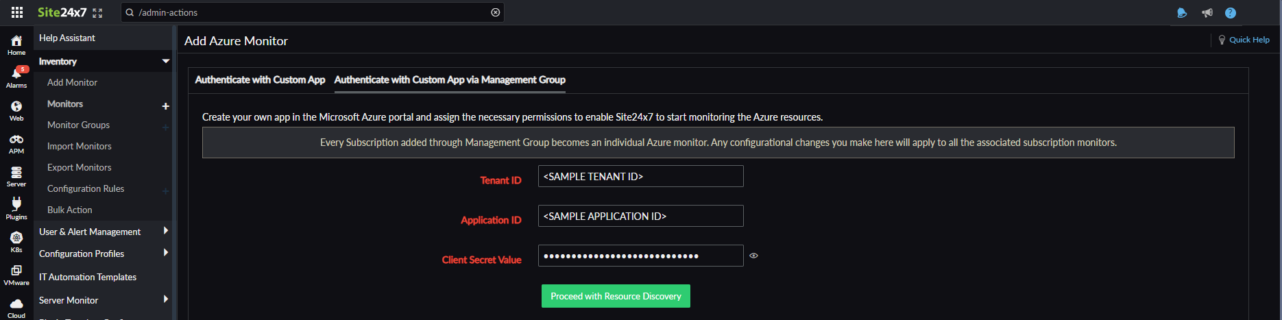 authentication page in Azure monitor