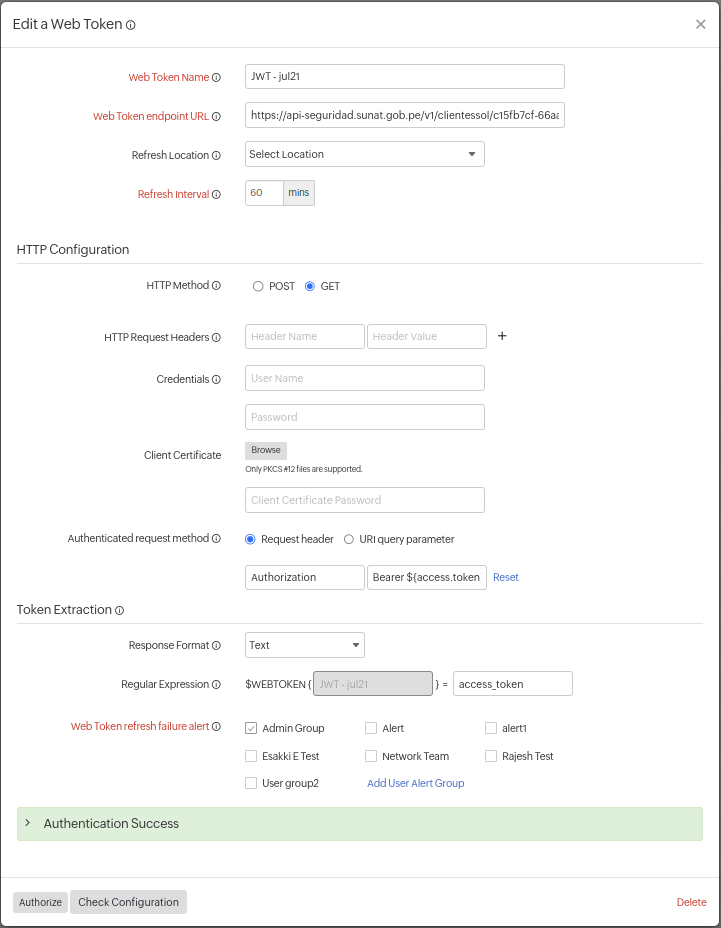 Web Token Check Configuration