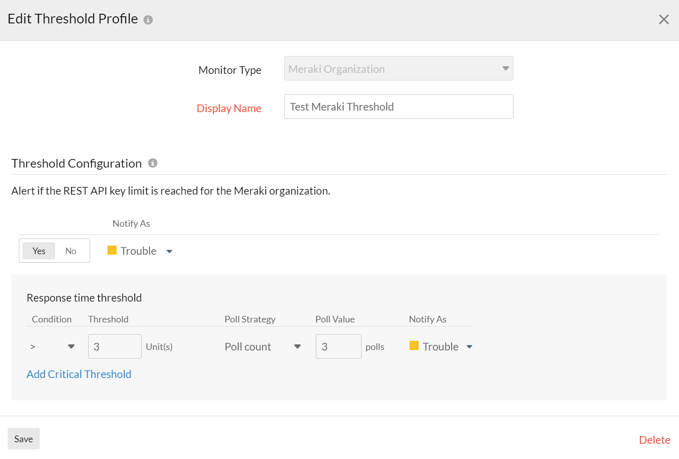 Meraki Monitoring Edit Threshold Profile Pop-up