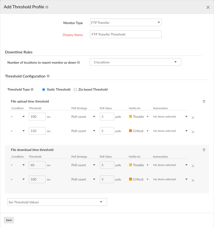 Configure threshold-related settings for an FTP transfer monitor