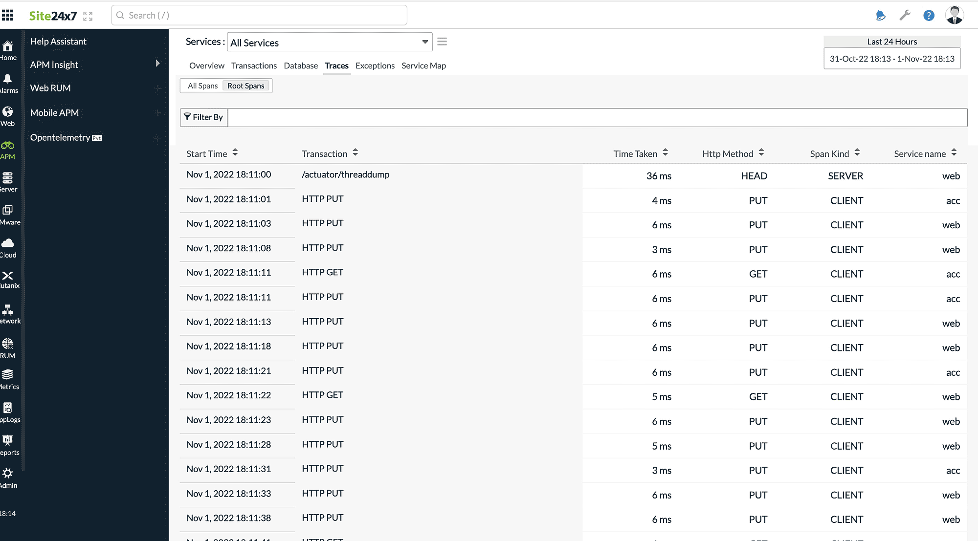 Traces tab of Opentelemetry