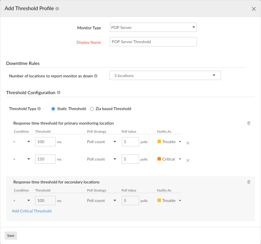 Learn how to configure threshold settings for a pop monitor